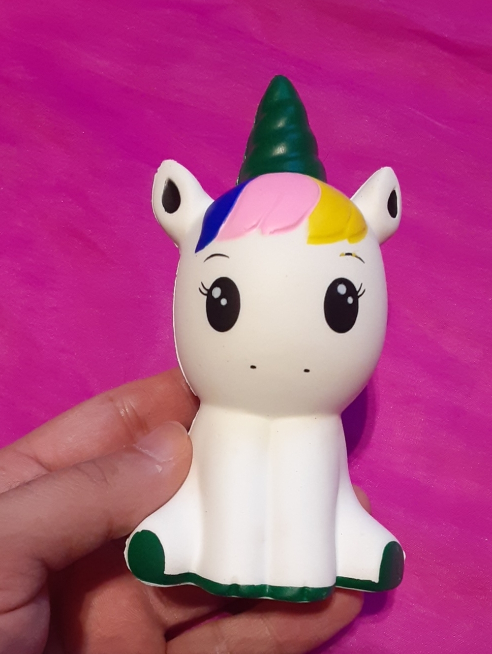 Cute White Unicorn Squishy Toy with Green Horn and Rainbow Mane